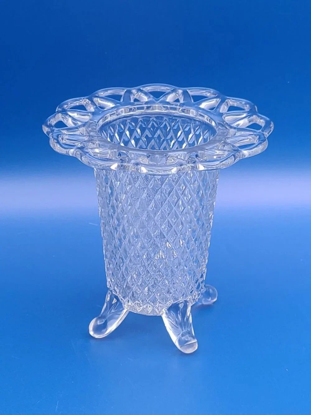 Imperial Glass Vintage Lace Edge Footed Clear Diamond Point Vase 4.5